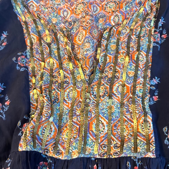 Soft Surroundings XL Navy Floral Sequin Boho Babydoll Dress Mixed Print Balloon - Picture 4 of 10